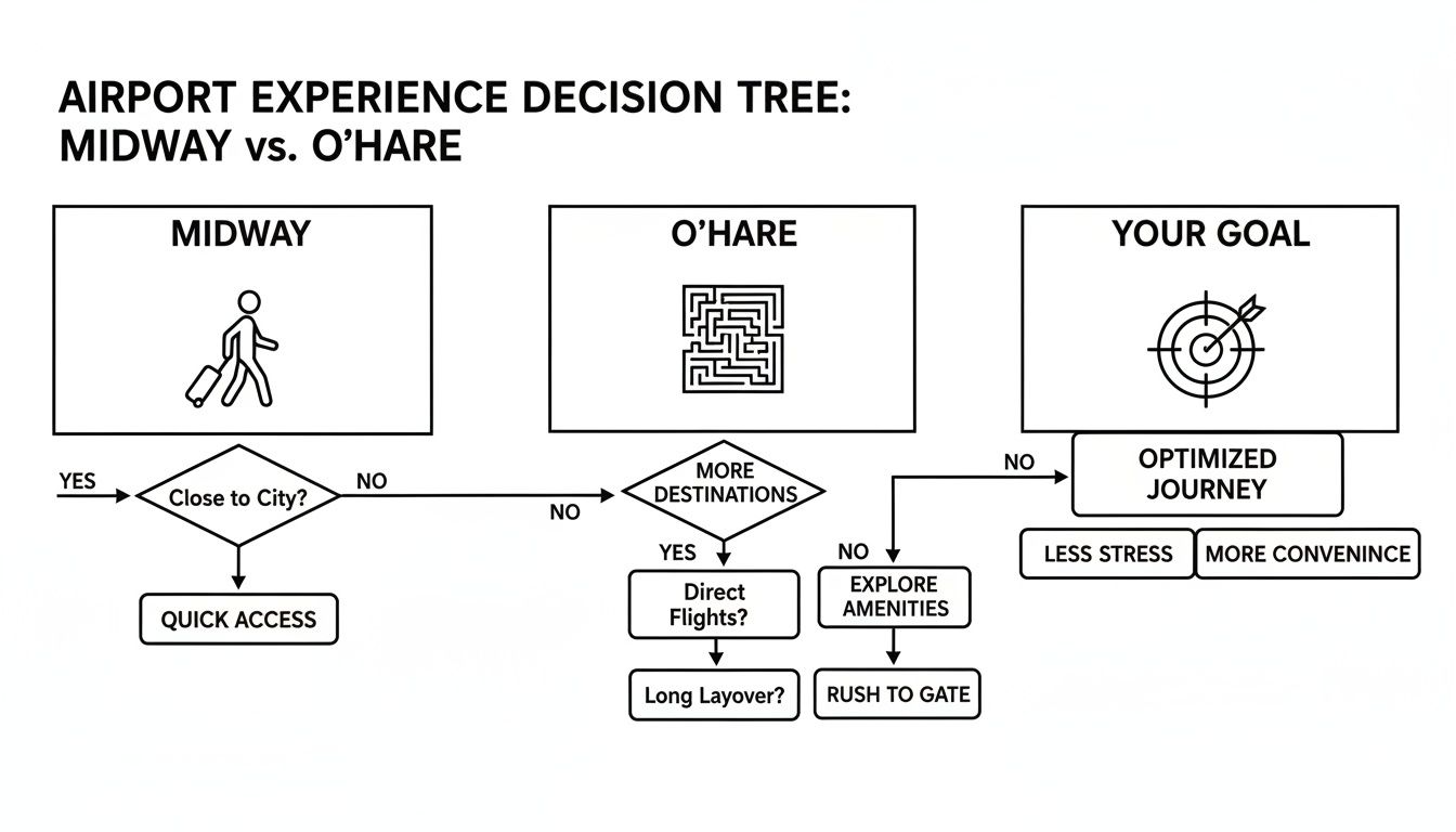 A decision tree flowchart for choosing between Midway and O'Hare airports based on travel goals.