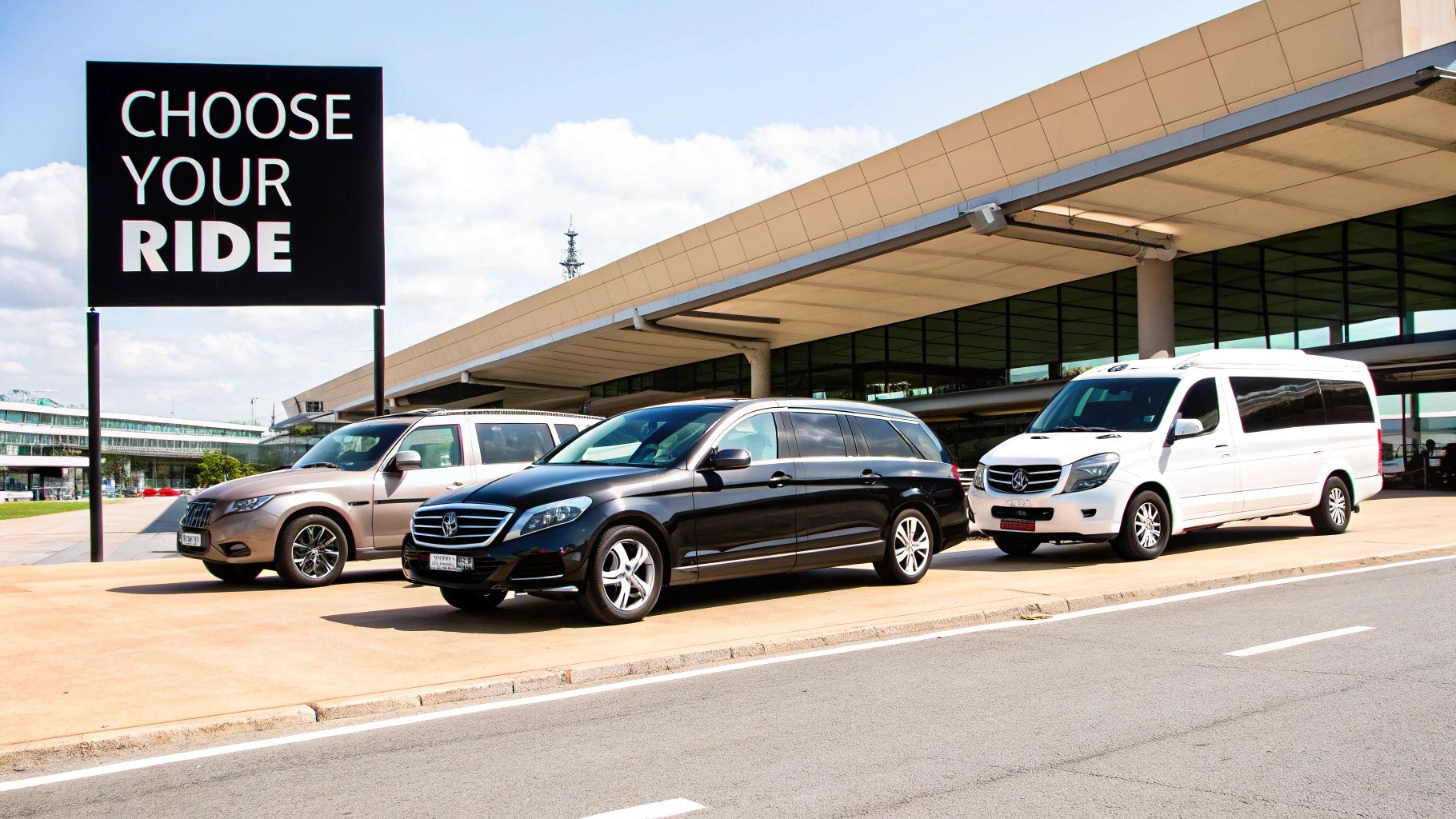Different vehicles, including an SUV, station wagon, and van, parked near an airport with a 'Choose Your Ride' sign.