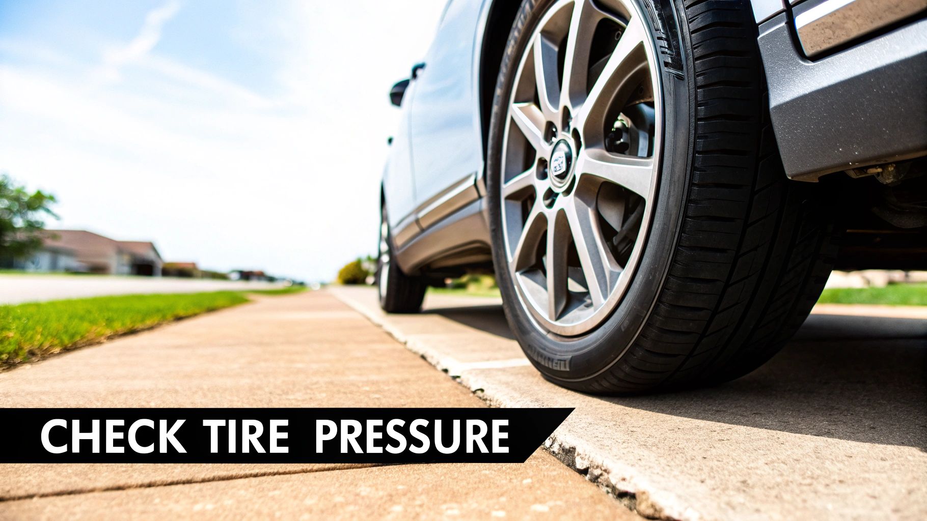 A car's front tire on a concrete path with a banner displaying 'CHECK TIRE PRESSURE' for vehicle safety.