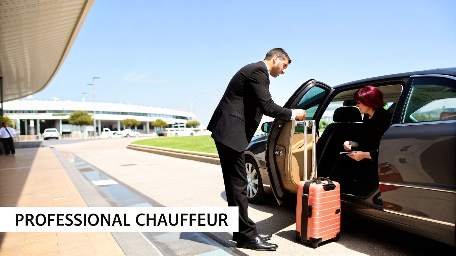 A professional chauffeur helps a woman with red hair and luggage into a luxury car at an airport.