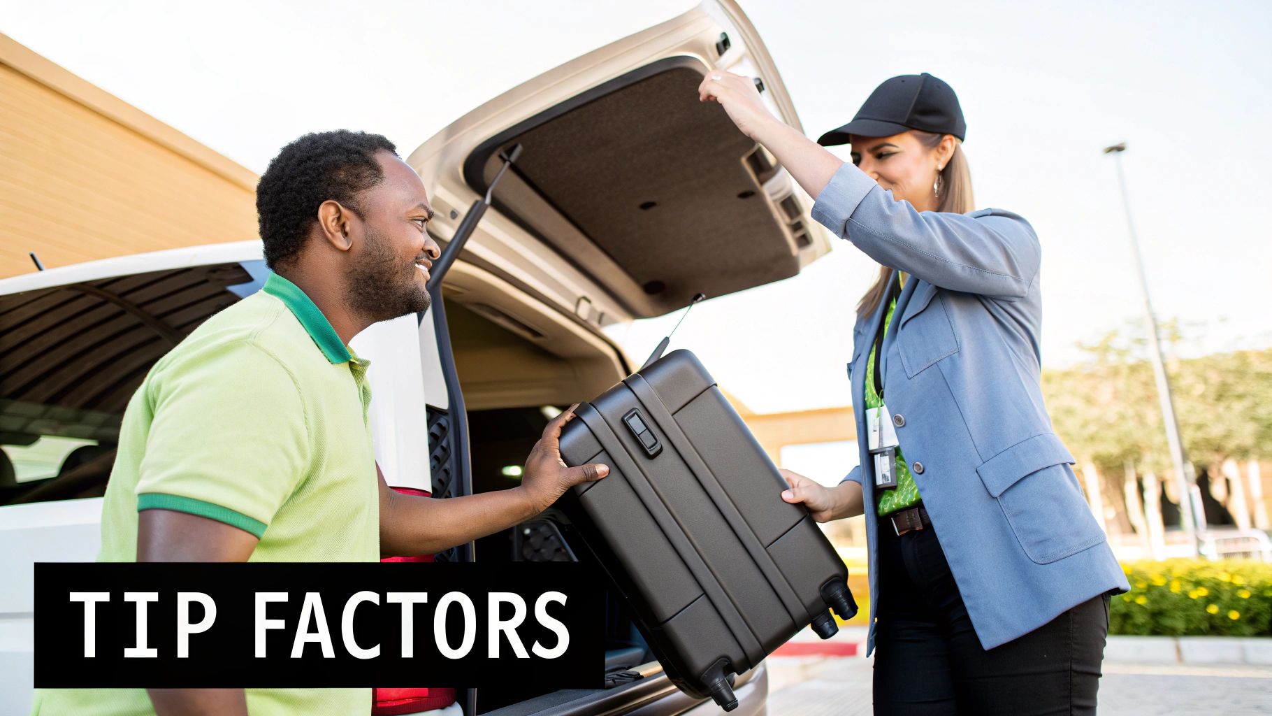A man smiles while handing a black suitcase to a woman by an open car trunk.