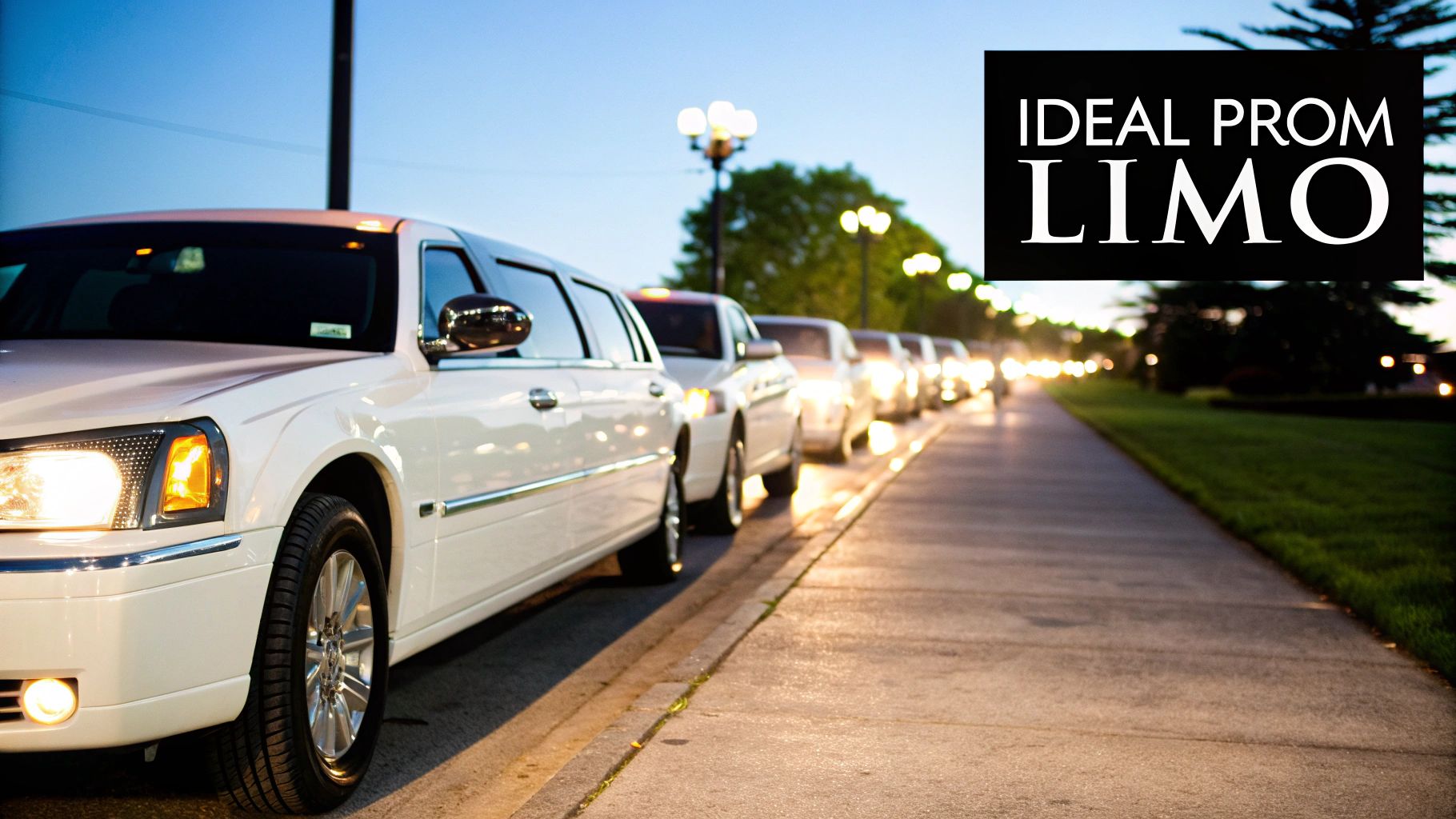 A group of friends posing in front of a white stretch limo for prom