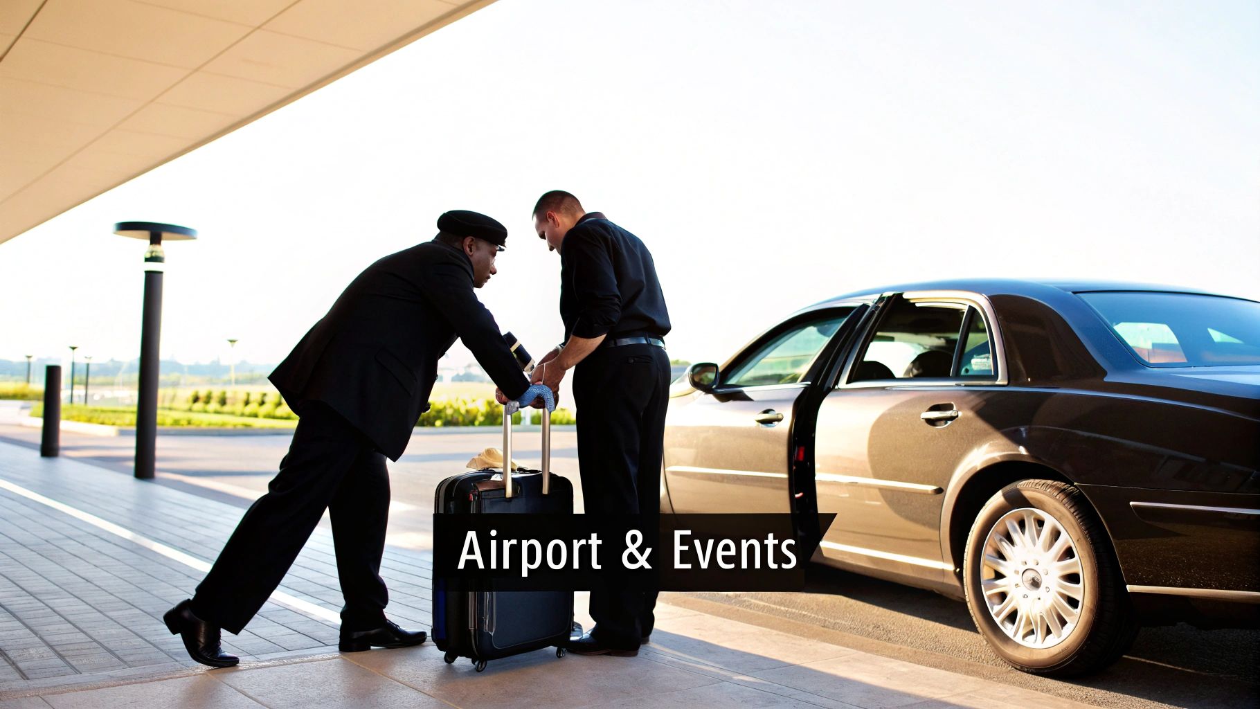 A black luxury SUV parked in front of a modern building in Chicago.
