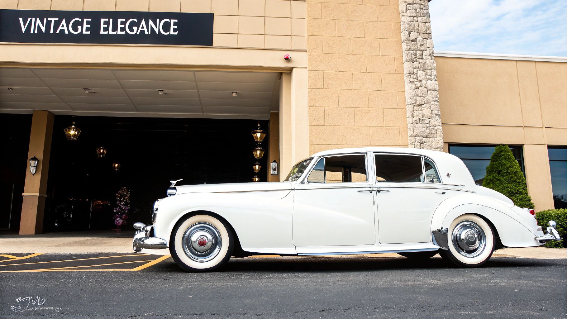 A pristine white vintage luxury car, possibly a limousine, parked under a 'VINTAGE ELEGANCE' sign.