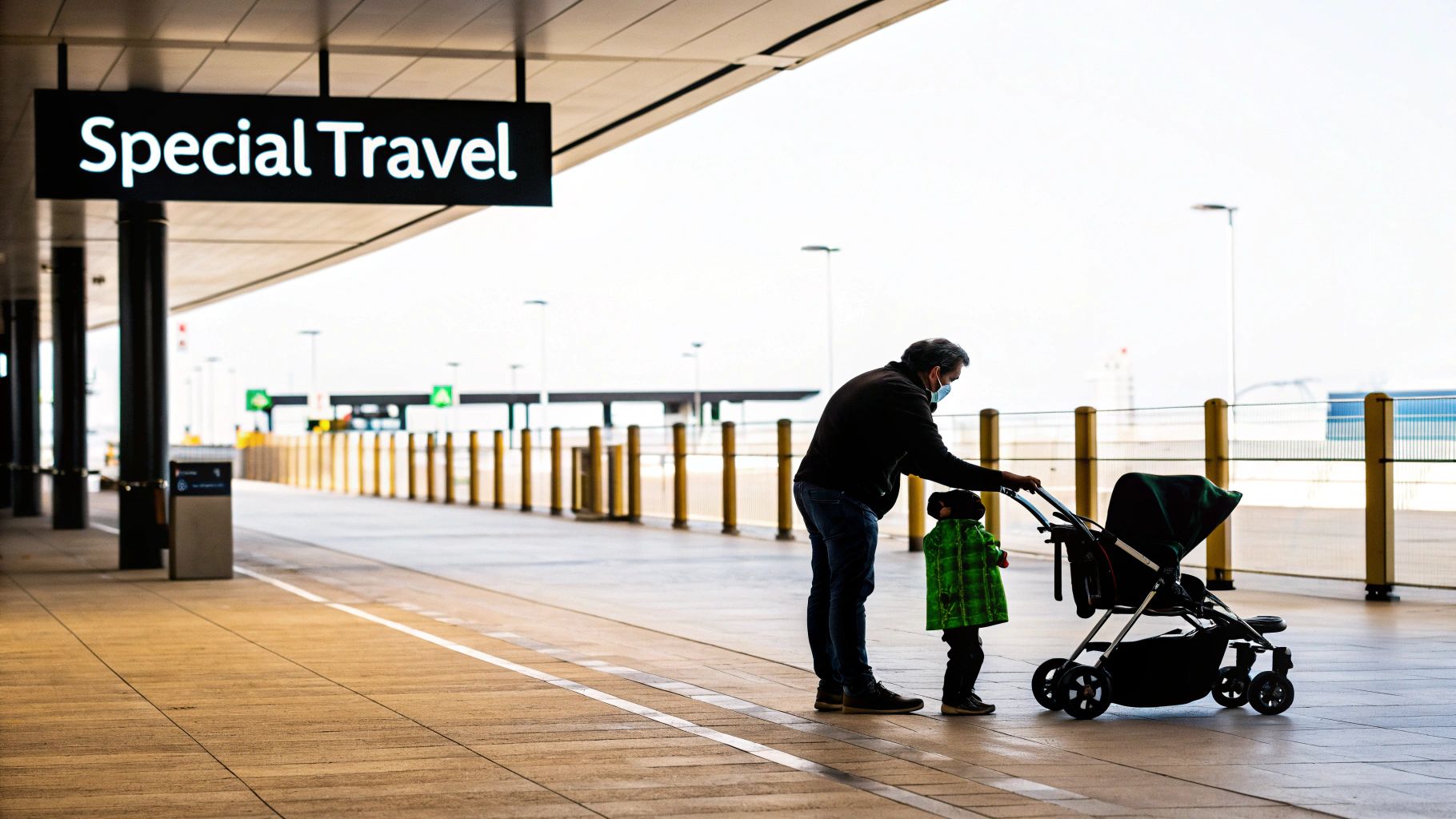 Parent with child and stroller at airport special travel assistance area terminal