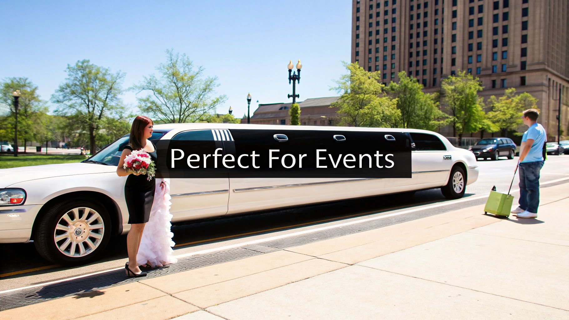 A sleek, modern limo parked in a vibrant city setting, ready for service.