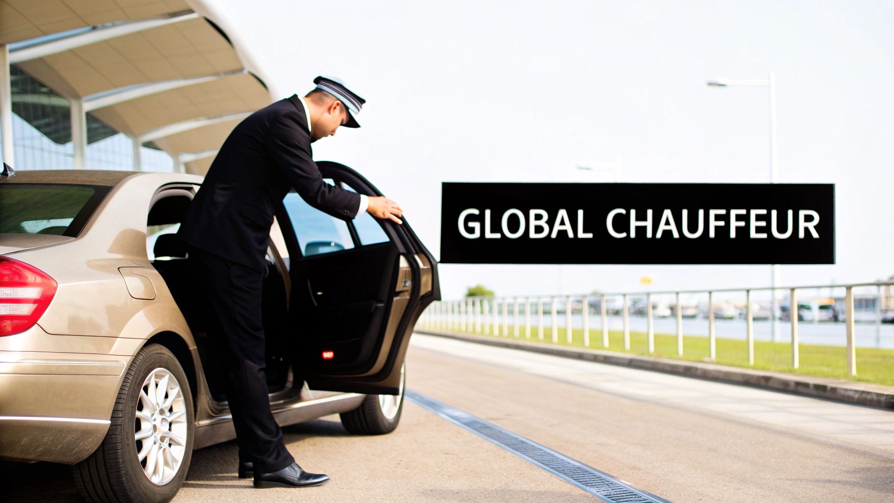 A uniformed chauffeur opens the rear door of a luxury car, ready for passenger service.