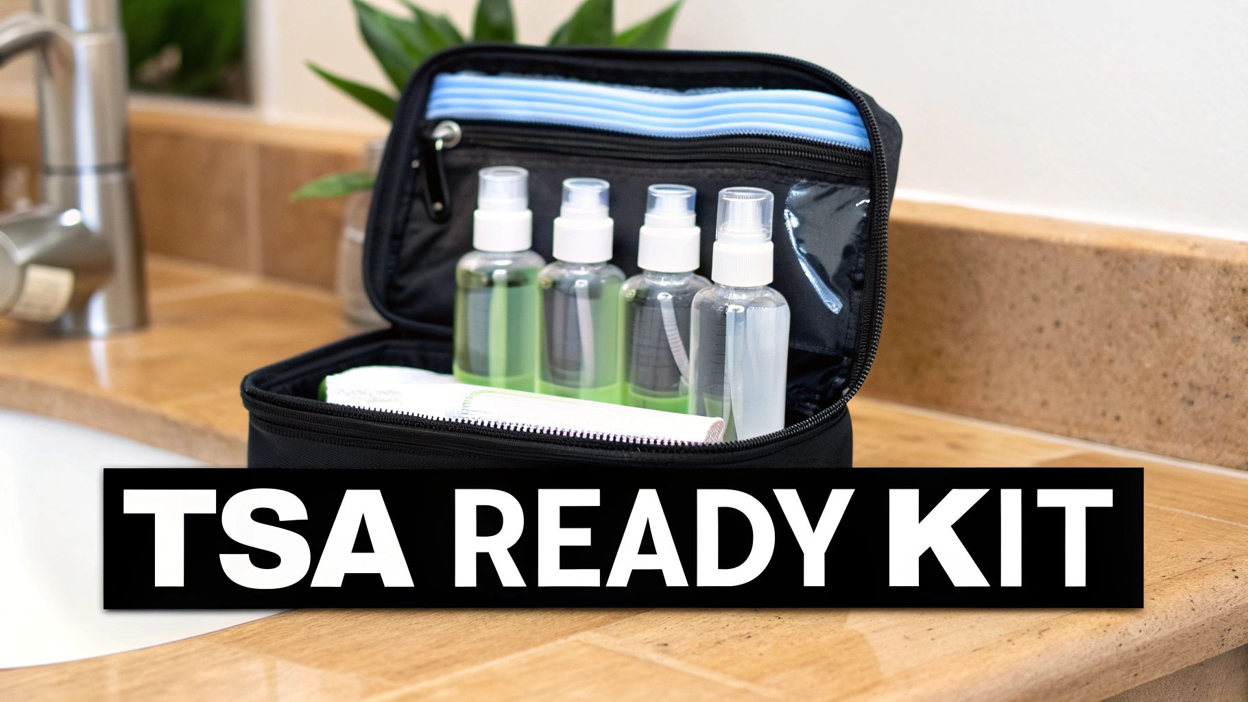 TSA ready kit with travel-sized bottles in a black toiletry bag on a counter.