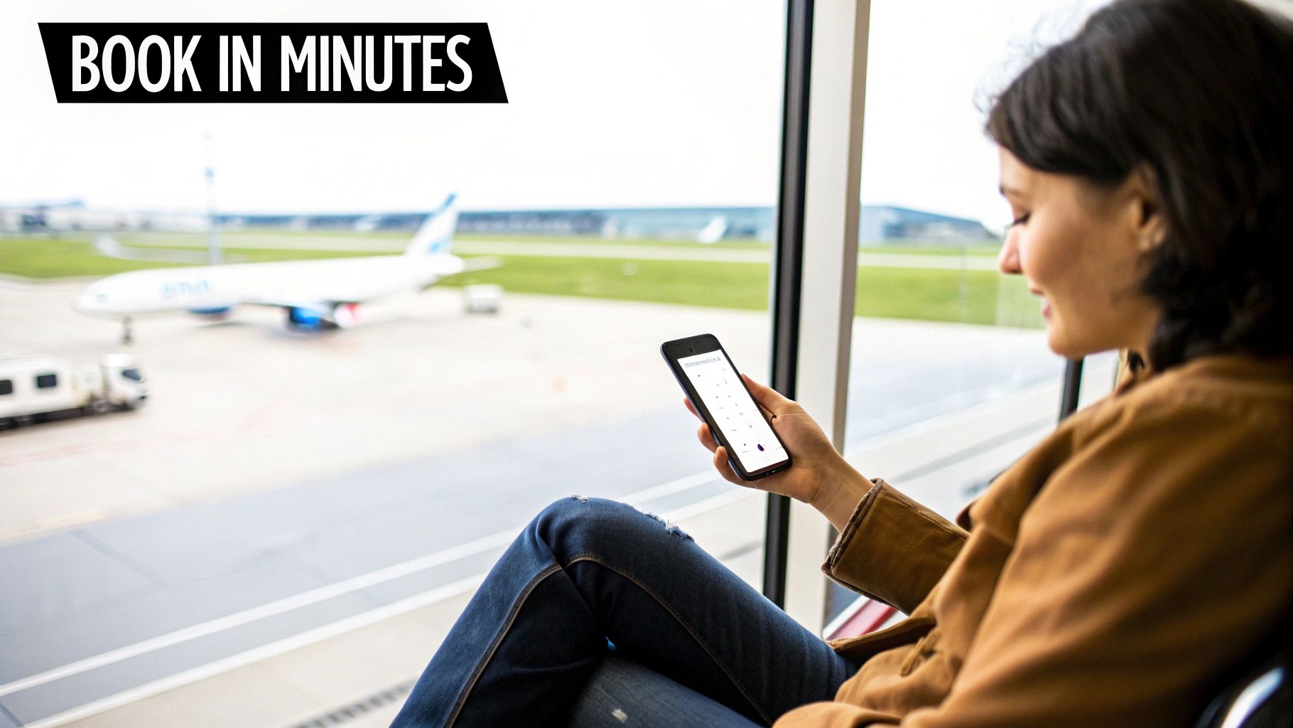 Woman at an airport, looking at her phone to book a service, with an airplane visible outside the window.