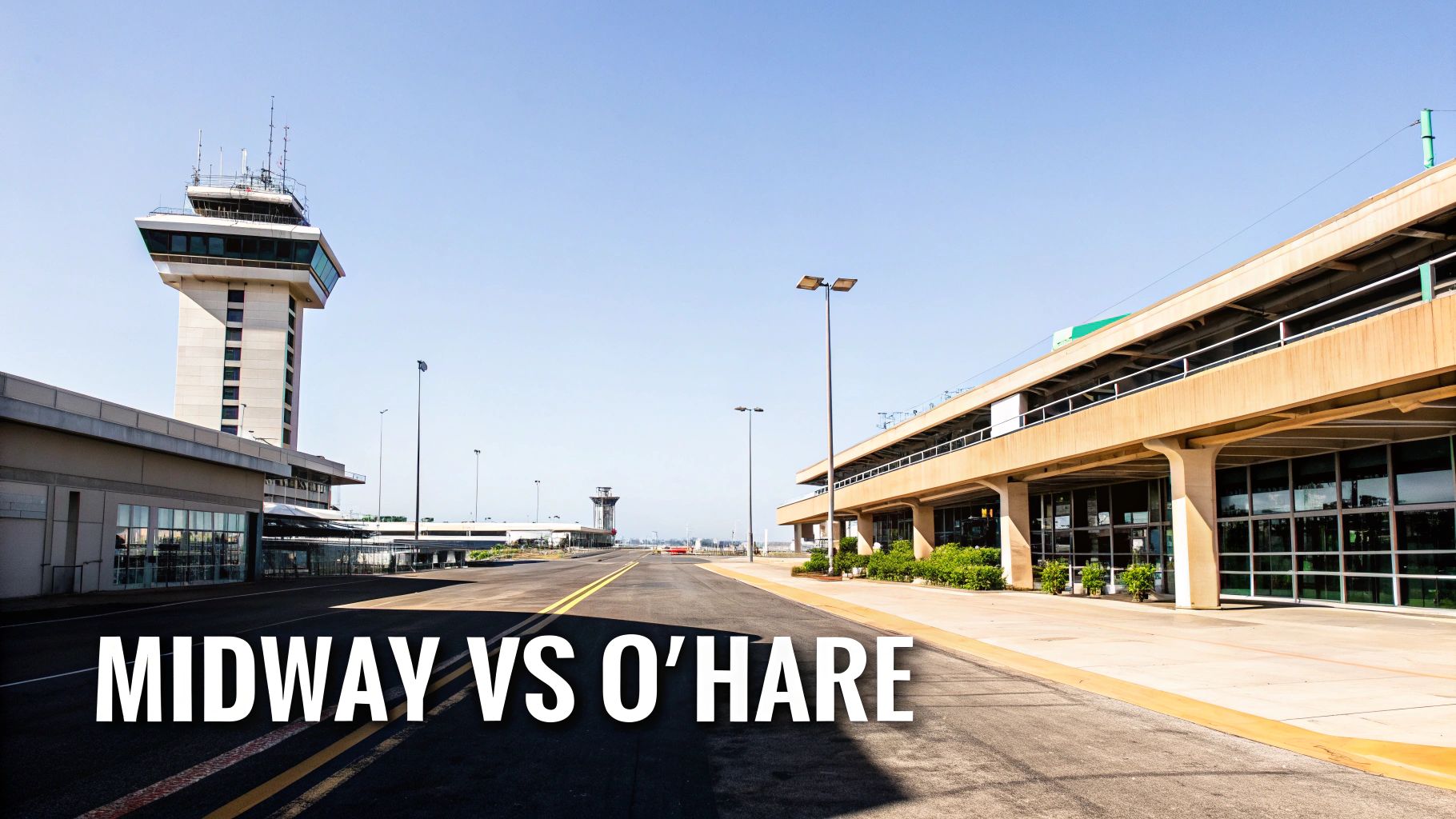 A clear sky over an airport with a tall control tower, modern terminal building, and empty road.