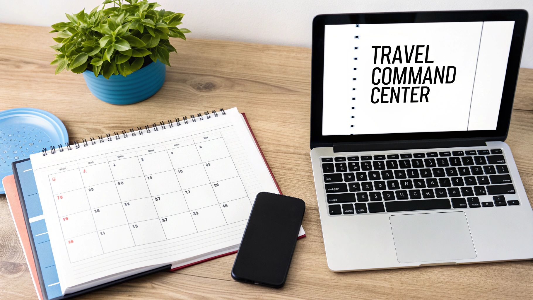 A workspace with a laptop displaying 'TRAVEL COMMAND CENTER', a calendar, phone, and plant on a wooden desk.