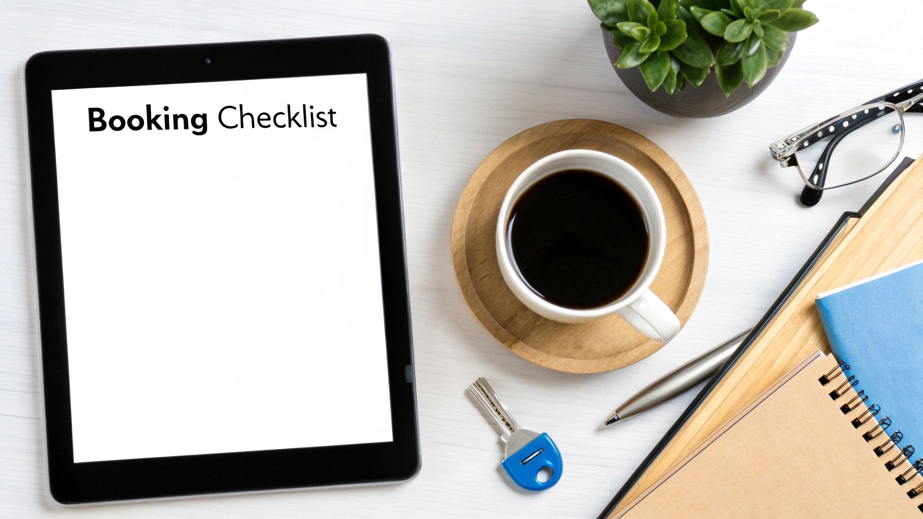 Top-down view of a workspace with a tablet showing 'Booking Checklist', coffee, plant, and travel items.