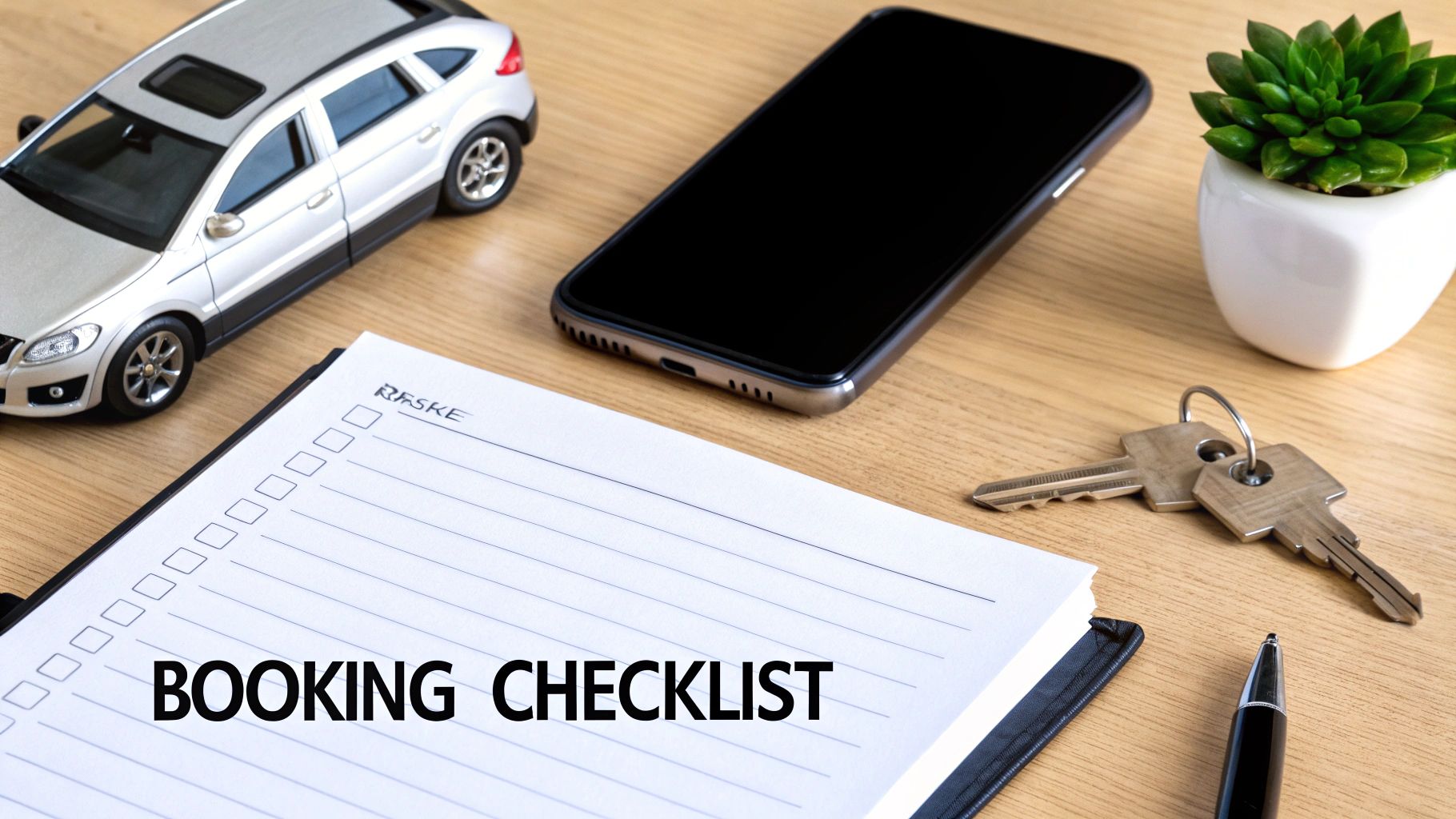 A booking checklist notebook, toy car, smartphone, keys, and pen on a wooden desk.