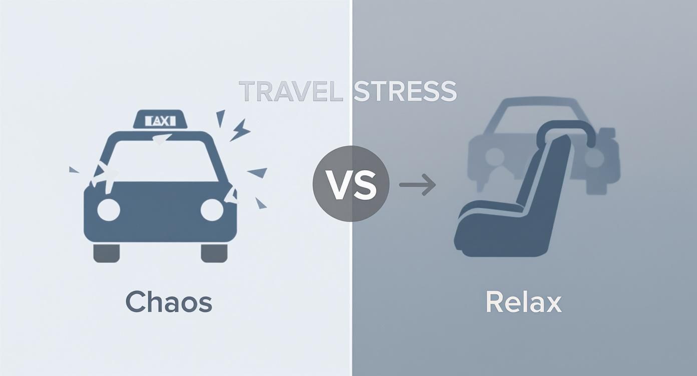 Comparison showing taxi causing travel stress versus relaxing limousine service with comfortable seating
