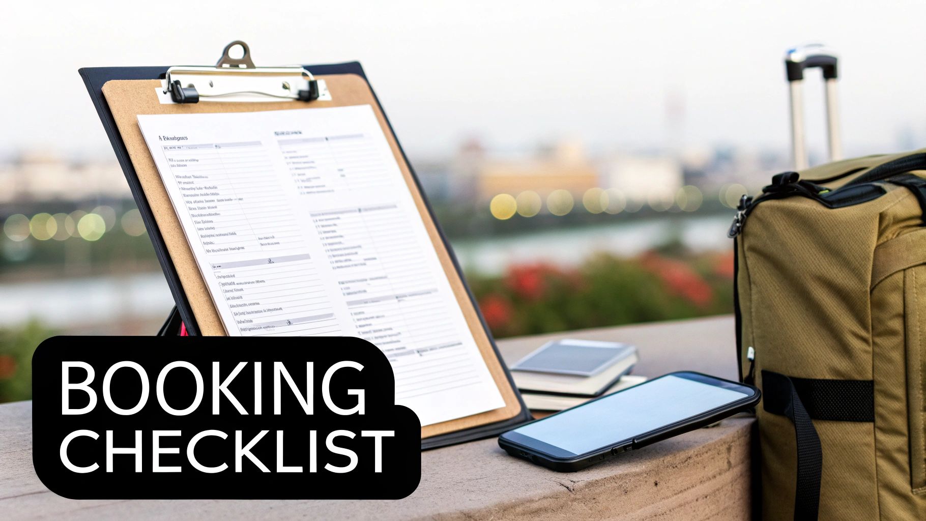 A booking checklist on a clipboard with a smartphone, notebooks, and a travel bag, overlooking a city.
