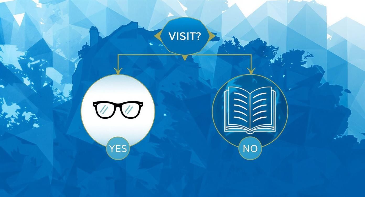 Flowchart diagram illustrating 'VISIT?' decision, leading to glasses for yes and an open book for no.