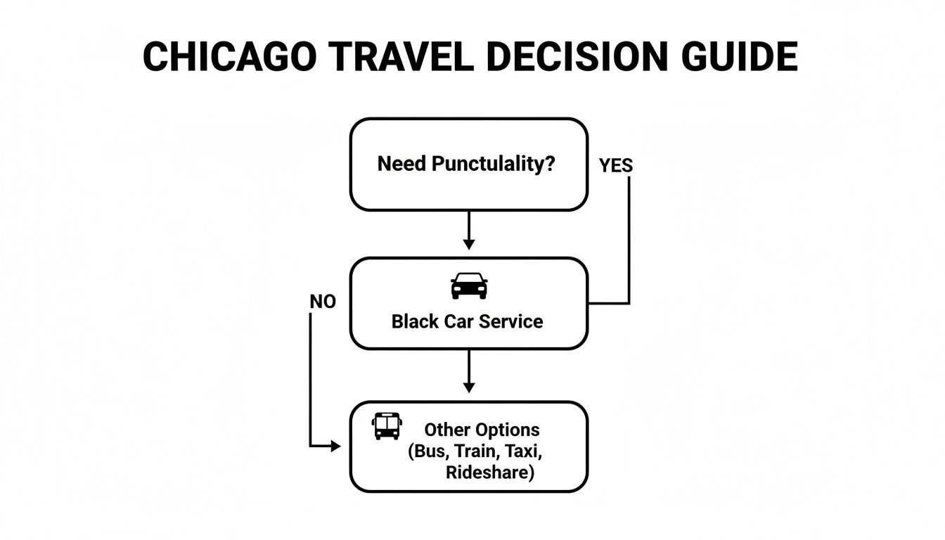 Flowchart guiding Chicago travel decisions, recommending black car service for punctuality or other transit options.