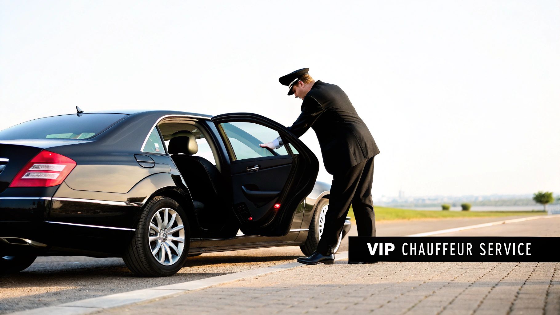 A professional chauffeur opening the door of a luxury black sedan for a client.