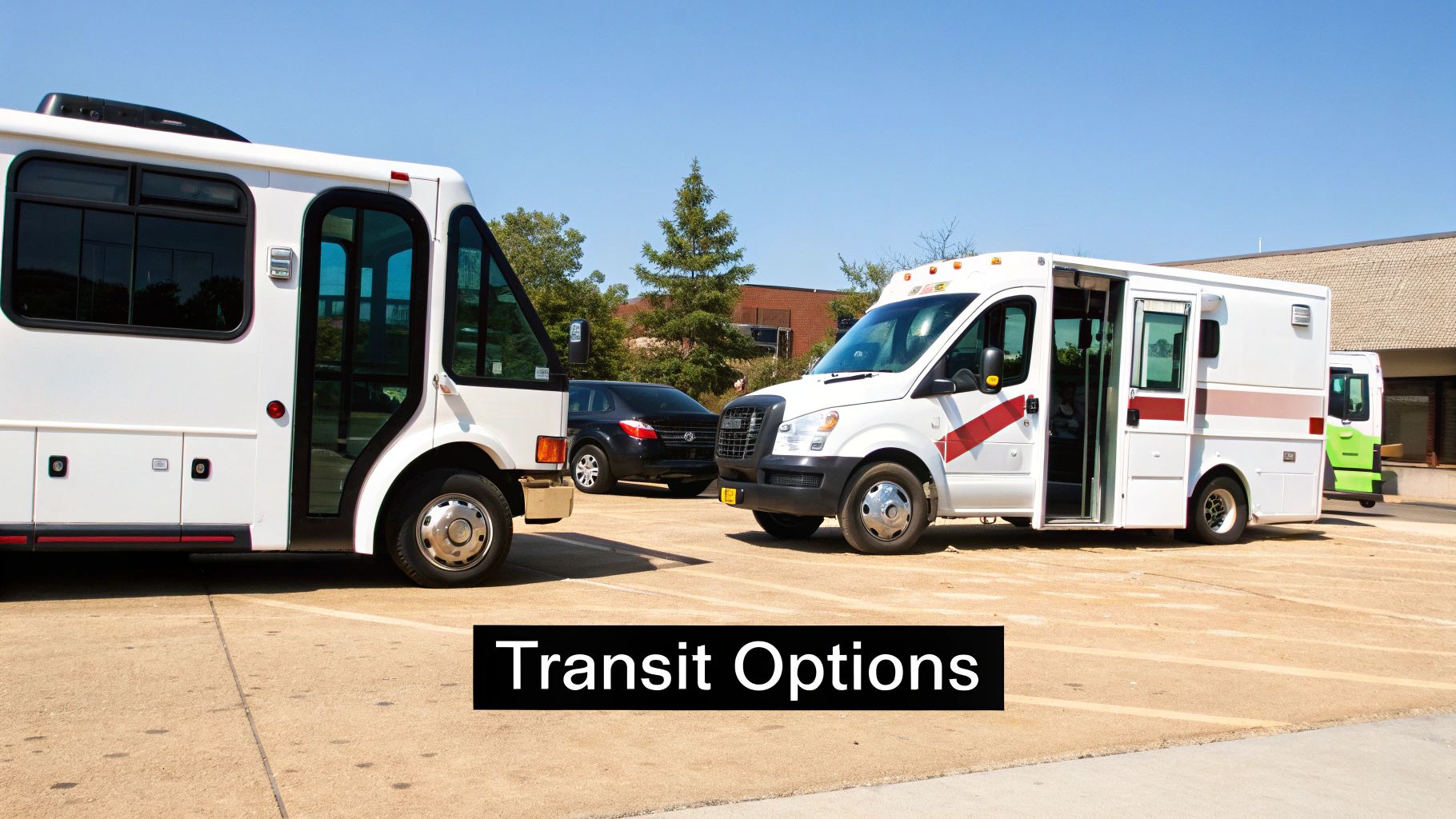 A smiling senior woman looking out the window of a comfortable shuttle bus.