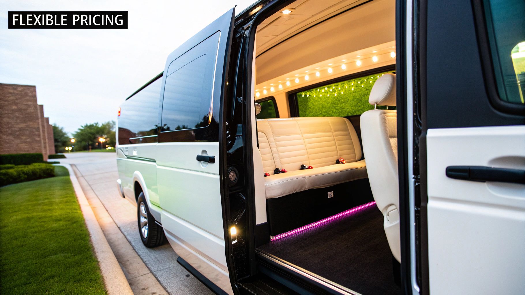 A group of friends happily boarding a sleek, modern limo bus for an event