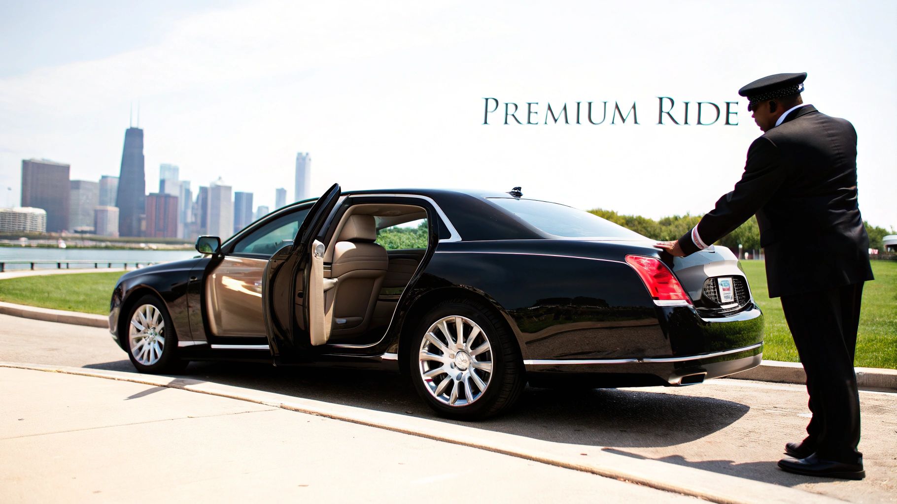 A professional chauffeur opening the door of a luxury black sedan in Chicago