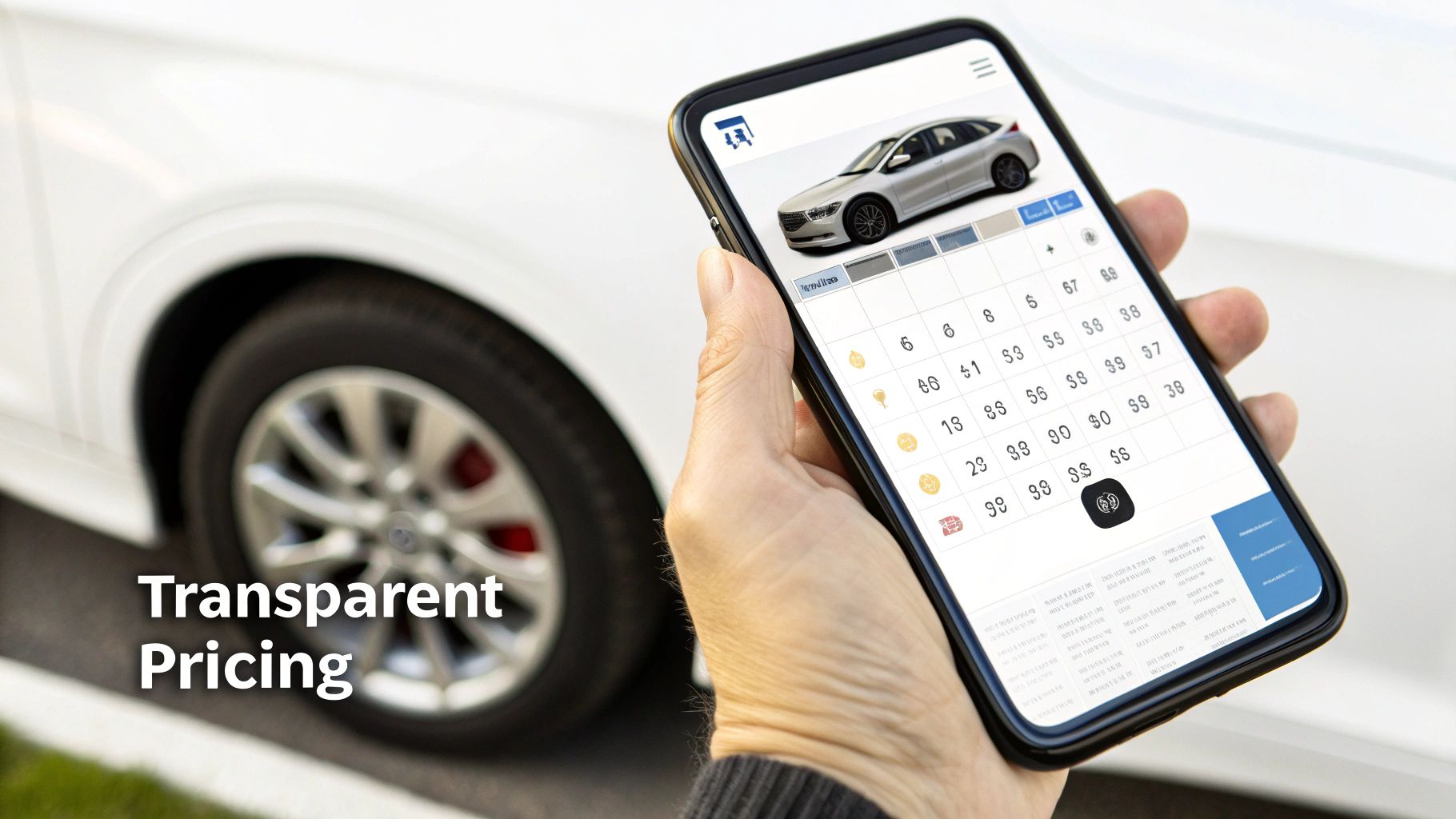 A hand holds a smartphone displaying a car, a pricing grid, and "Transparent Pricing" text.