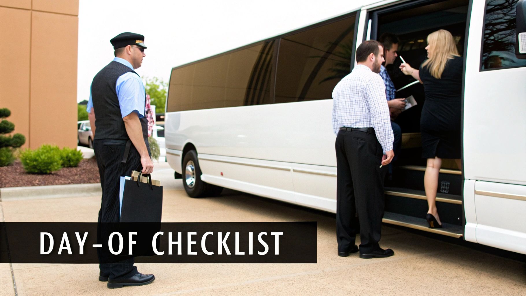 Group of friends asking questions in front of a limo bus.