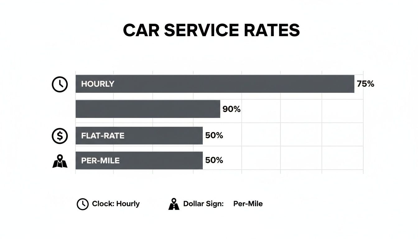 A bar chart showing car service rates: hourly at 75% and 90%, flat-rate 50%, and per-mile 50%.