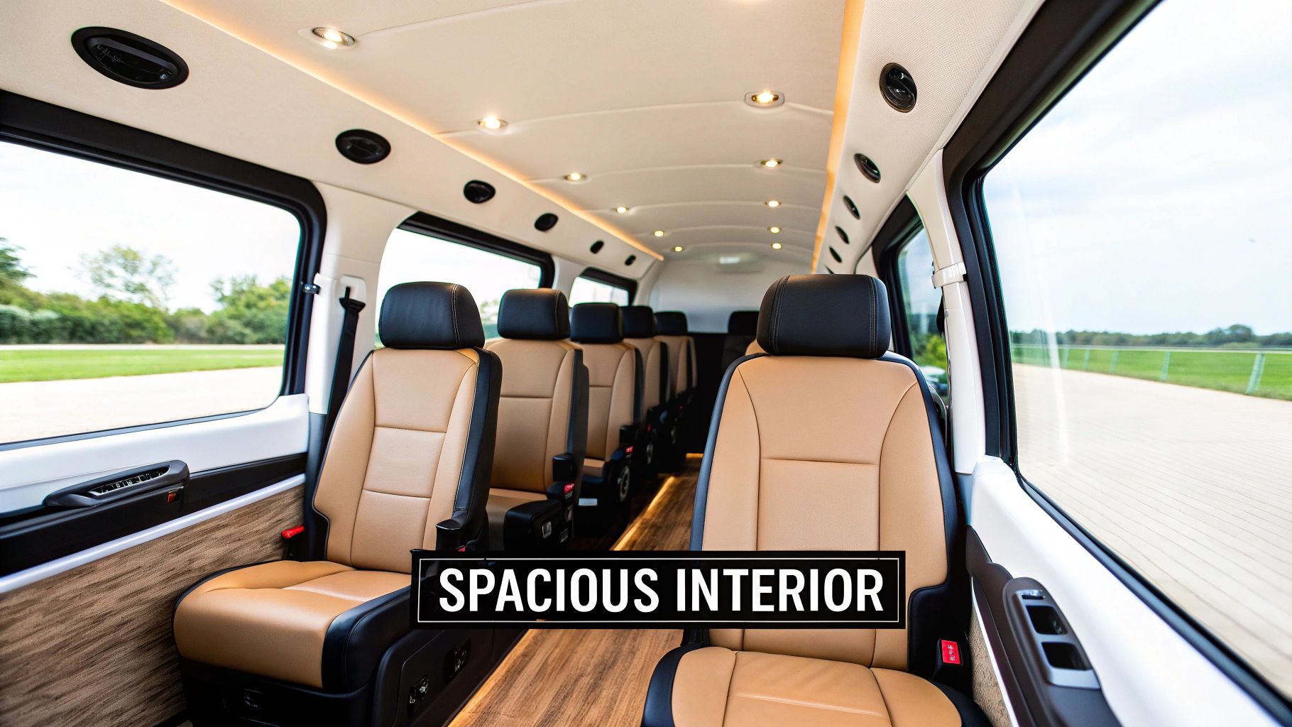 Spacious interior of a 12-passenger sprinter van, featuring tan and black leather seats, wood floor, and large windows.