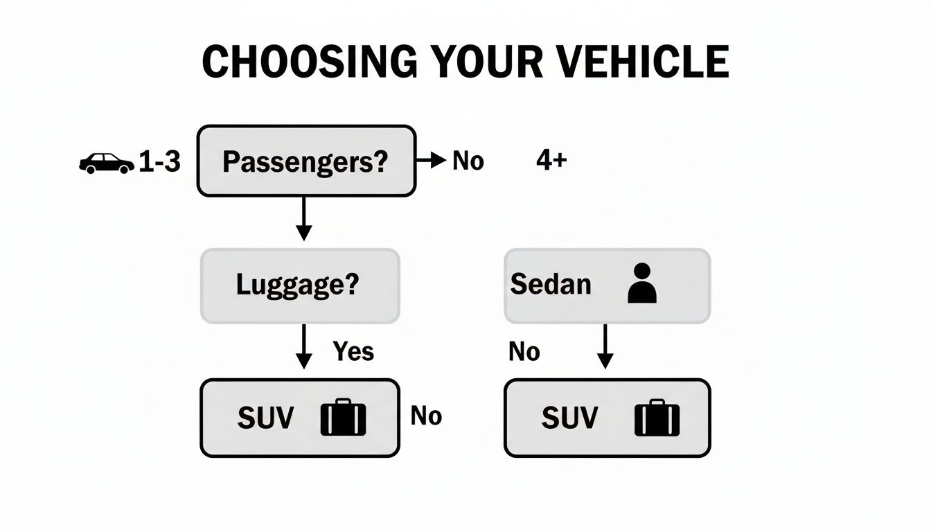 A flowchart guiding vehicle choice based on the number of passengers and luggage needs.