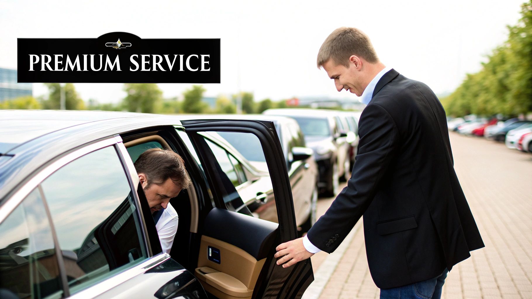 A professional chauffeur in a suit opens the car door for a male passenger, offering premium service.