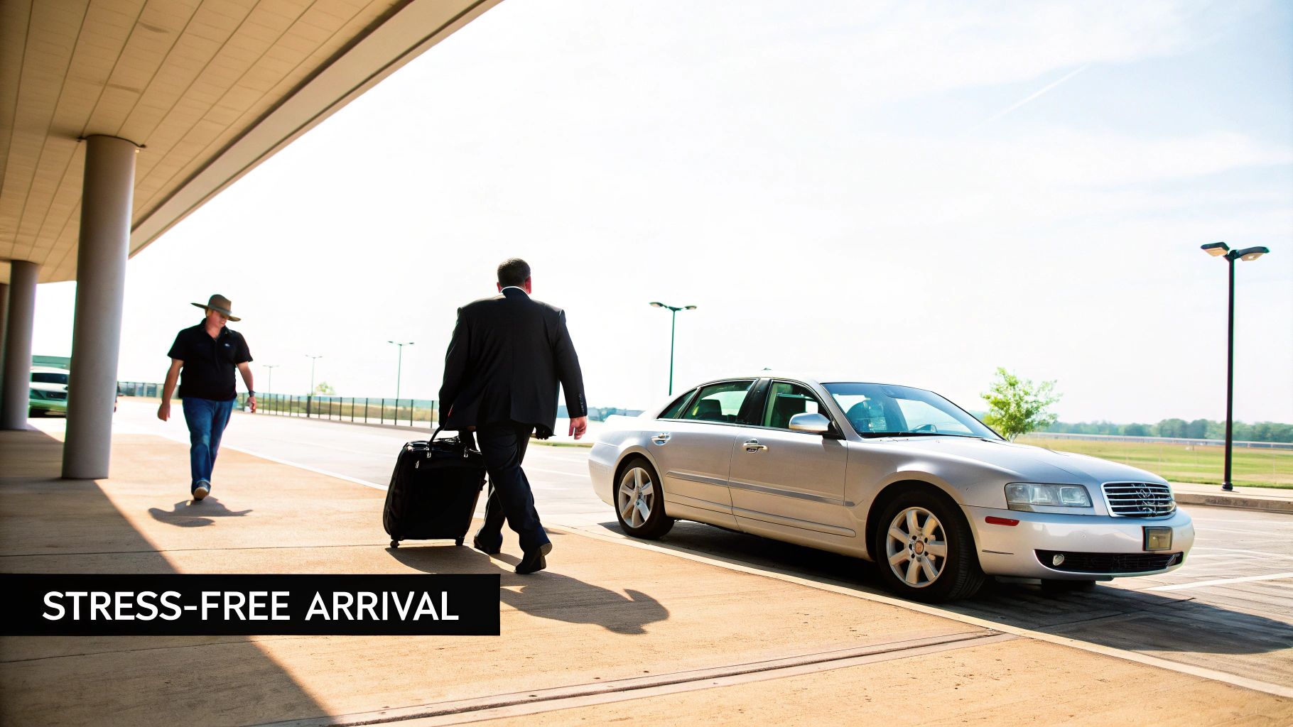 A man in a suit with luggage walking towards a silver car, suggesting a stress-free airport arrival.