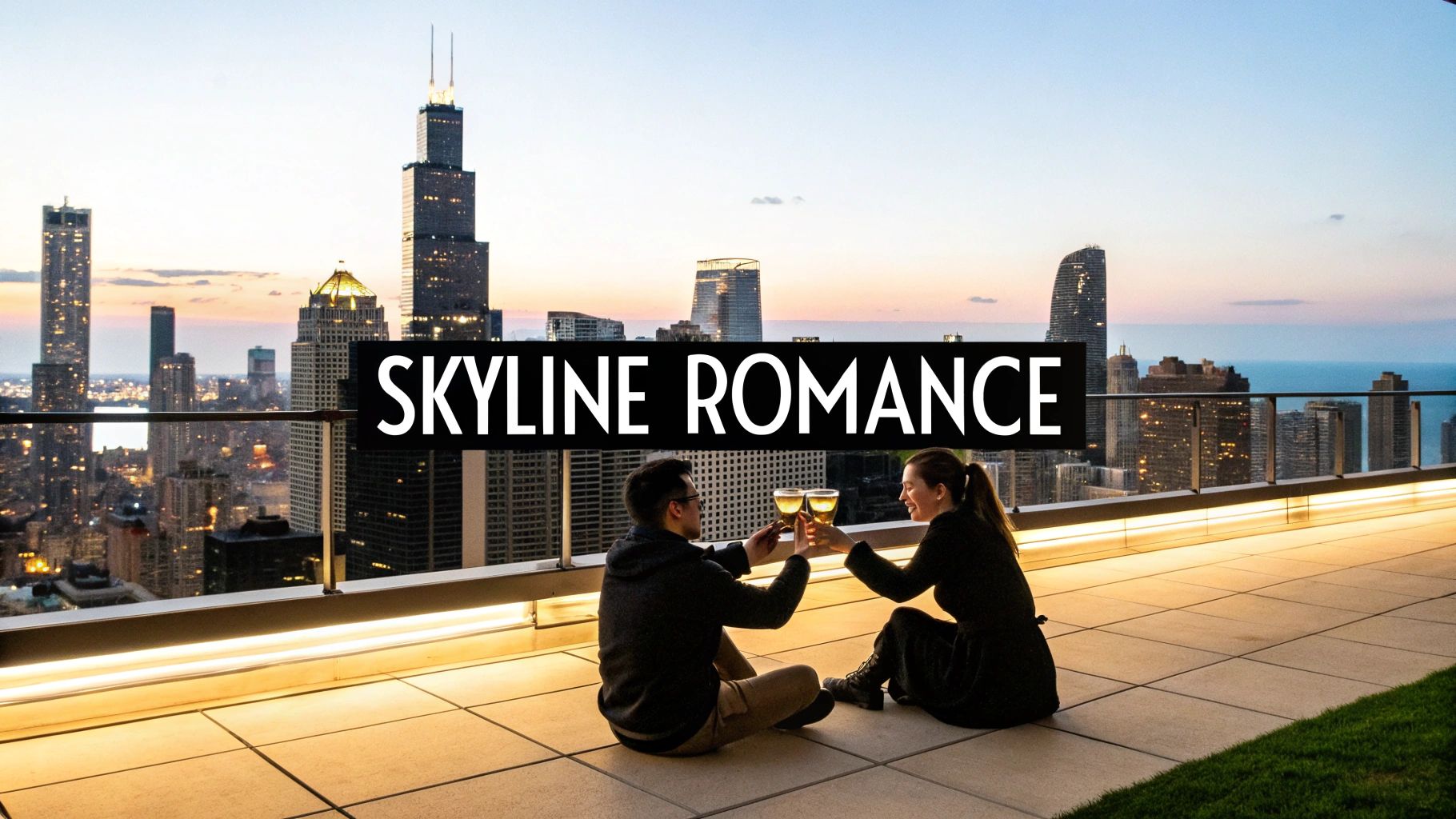 Couple toasting drinks on rooftop terrace overlooking Chicago skyline at romantic sunset
