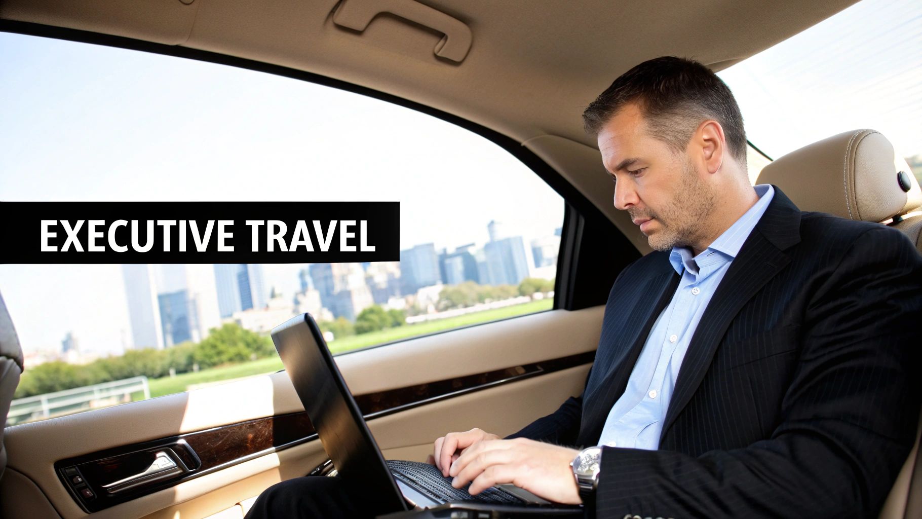 A professional man in a suit works on a laptop in the back of a luxury car, with a city view outside, emphasizing executive travel.