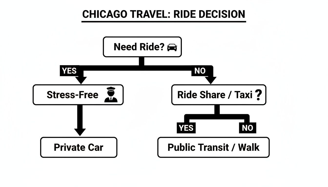 Decision flowchart for Chicago travel, showing options like private car, ride-share/taxi, or public transit/walk.