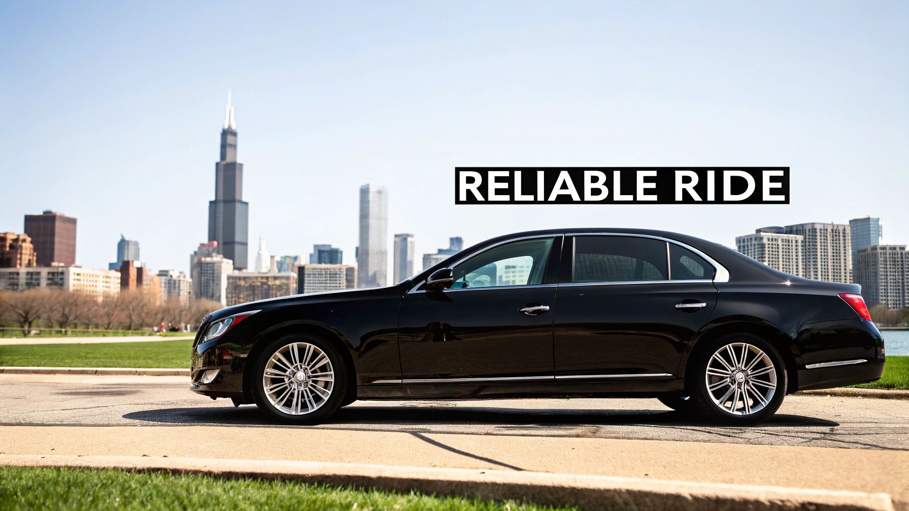 A sleek black luxury sedan with a Chicago cityscape, including Willis Tower, in the background. Text: RELIABLE RIDE.