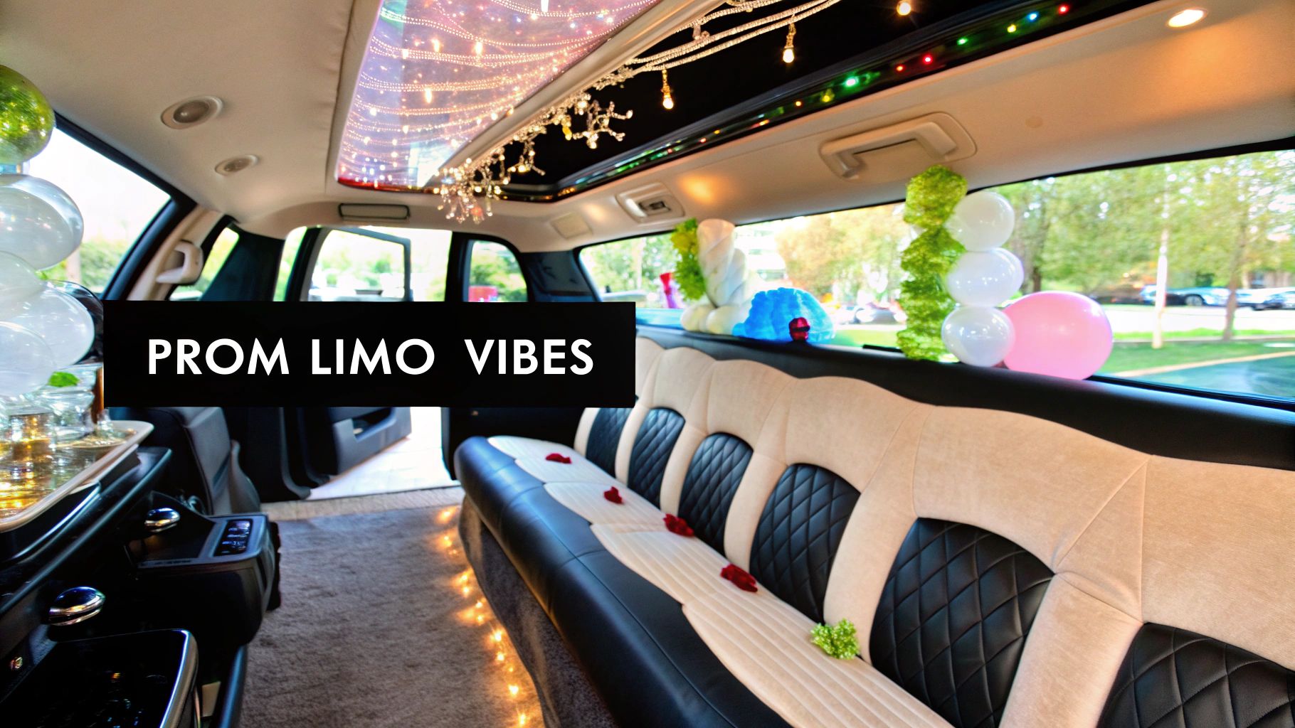 Friends laughing and having fun inside a prom stretch limo