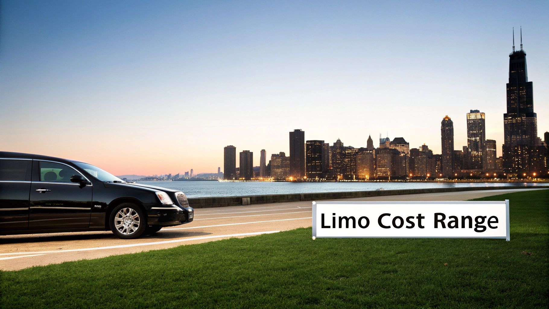 A black stretch limousine parked by a lake, with a city skyline and a 'Limo Cost Range' sign.