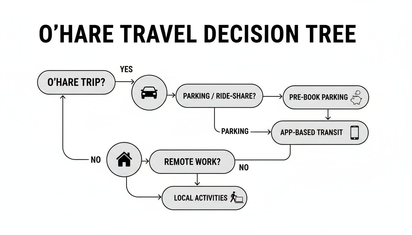 A flowchart titled 'O'HARE TRAVEL DECISION TREE' outlining choices for O'Hare trips, parking, and remote work.