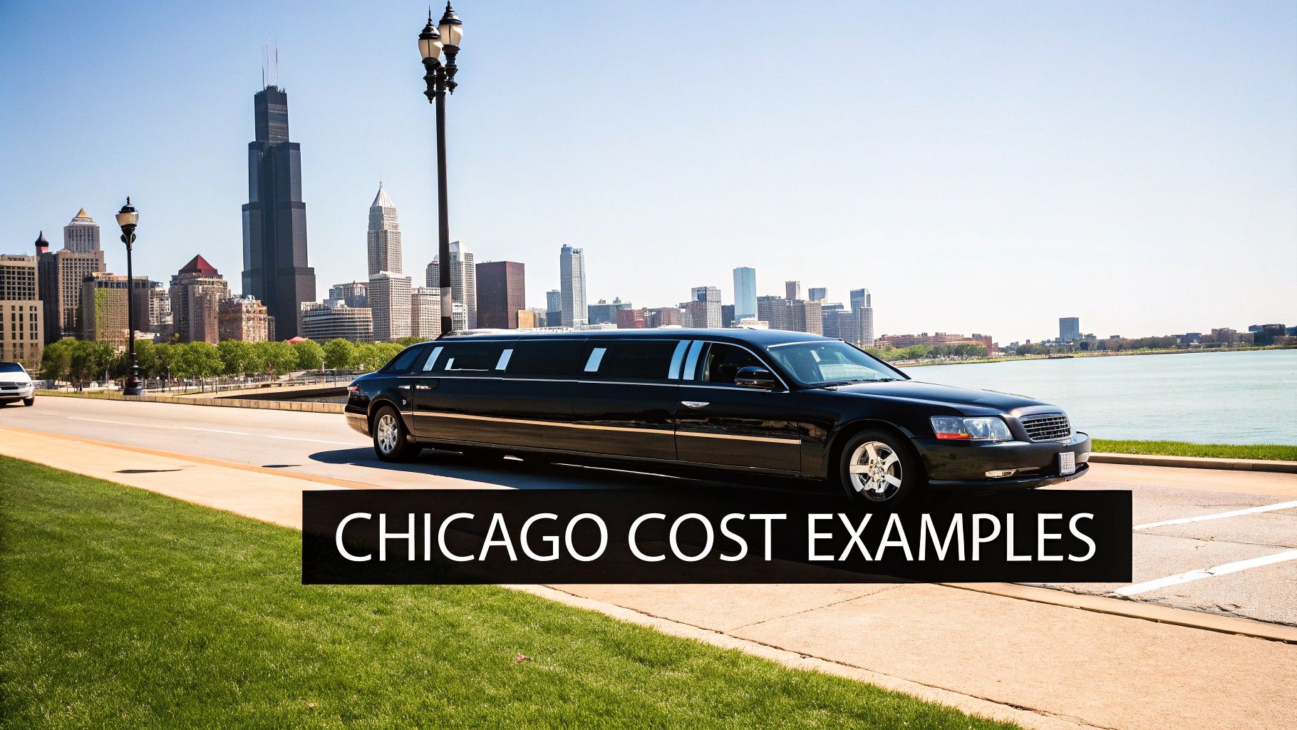 A black stretch limousine drives along a scenic road with the iconic Chicago skyline in the background.
