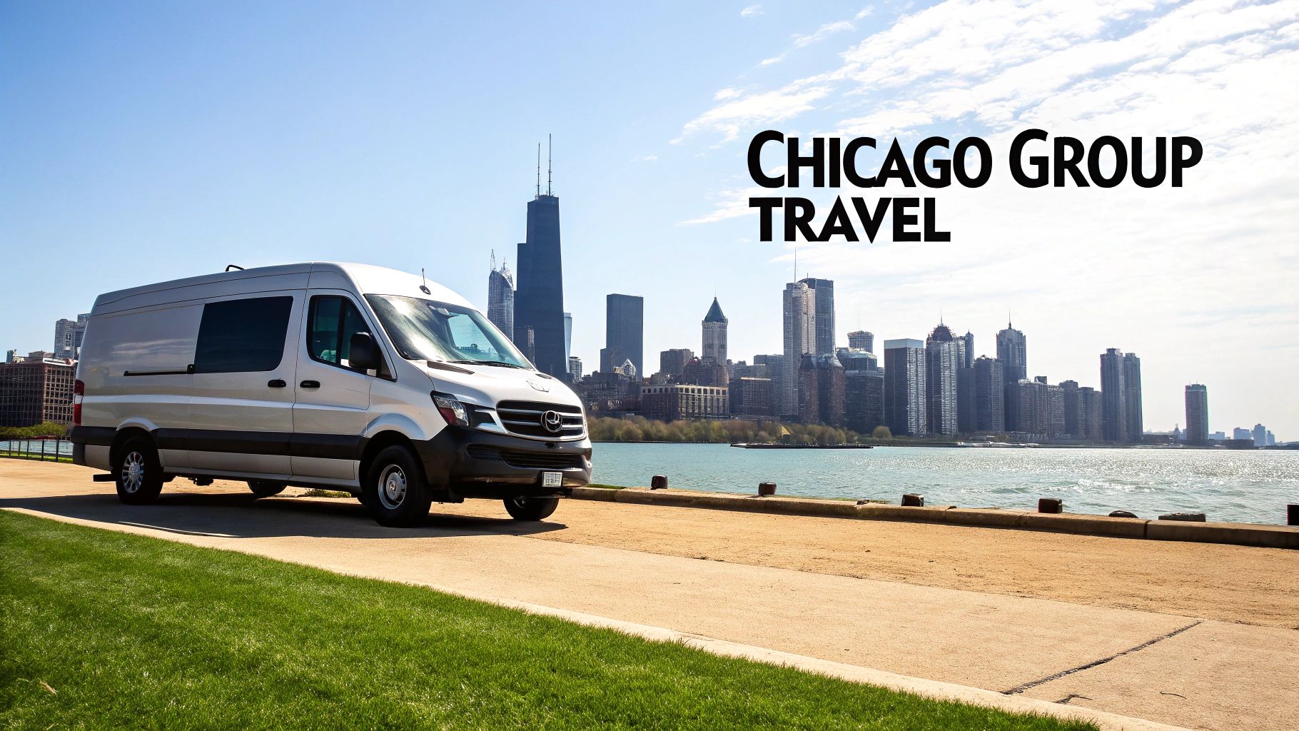 A silver Mercedes-Benz Sprinter van parked by Lake Michigan with the Chicago skyline in the background, promoting group travel.