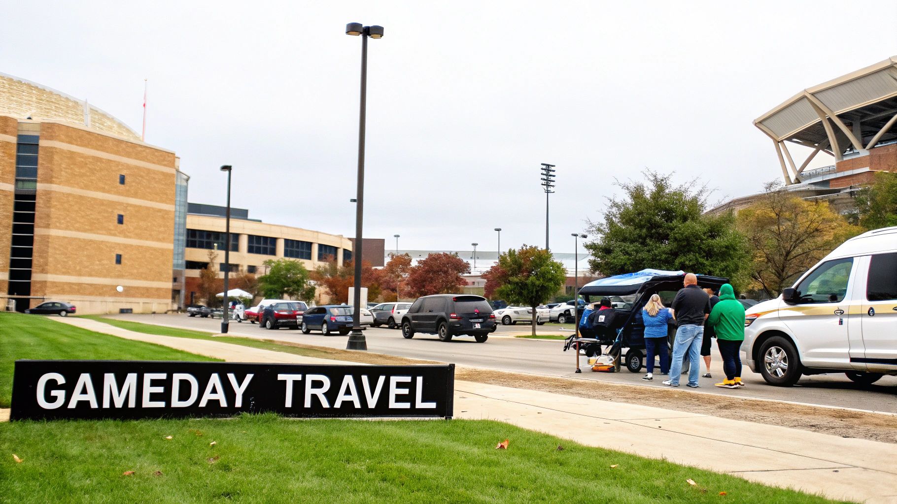A Gameday Travel sign on green grass in front of a stadium, buildings, cars, and people.