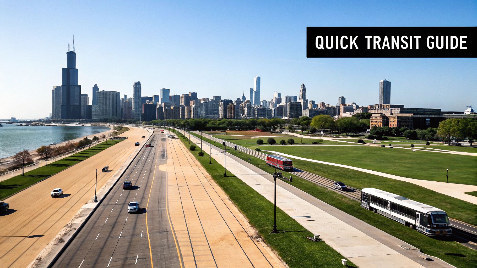 Overhead view of Chicago's downtown skyline, Lake Michigan, a highway, and a park with transit.