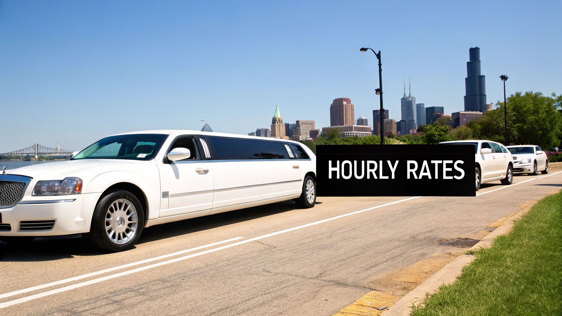 White limousines on a road with a city skyline and bridge, featuring a sign for 'Hourly Rates'.
