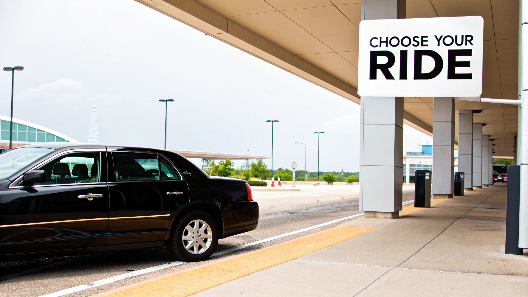 Black sedan parked at an airport terminal under a sign that says "Choose Your Ride".