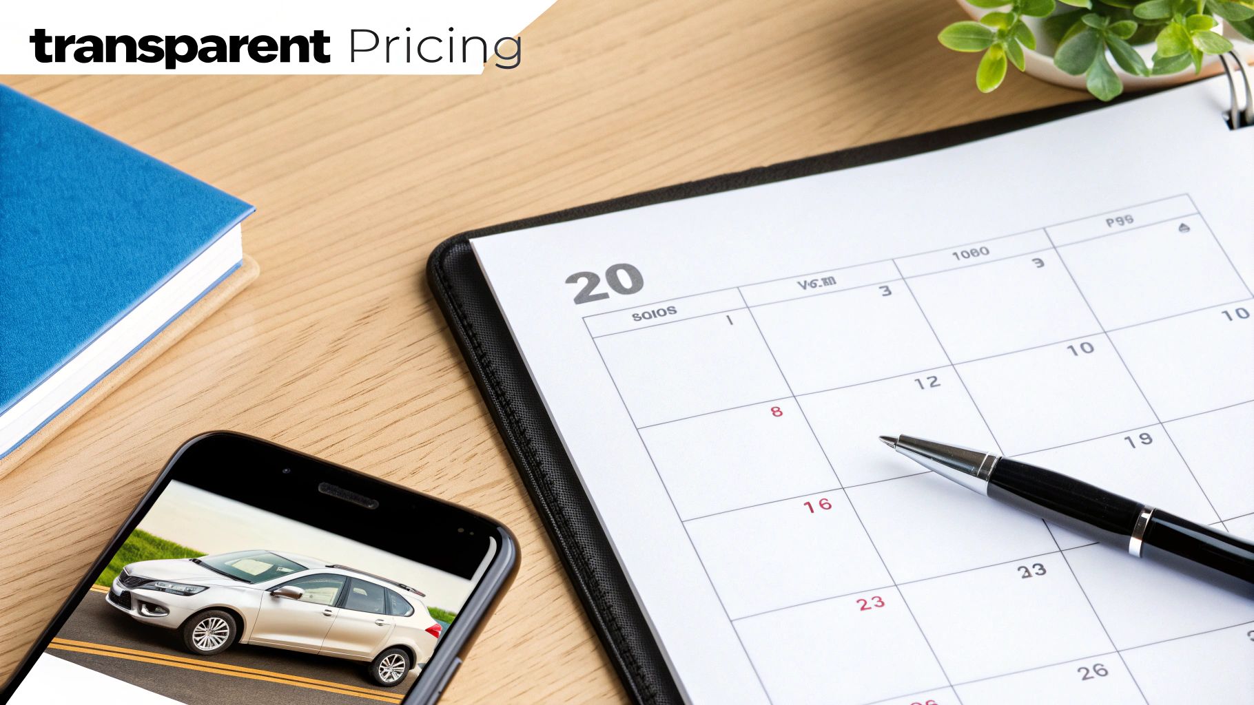 A smartphone shows a silver car, next to a desk calendar with a pen and a blue book. Transparent pricing text visible.