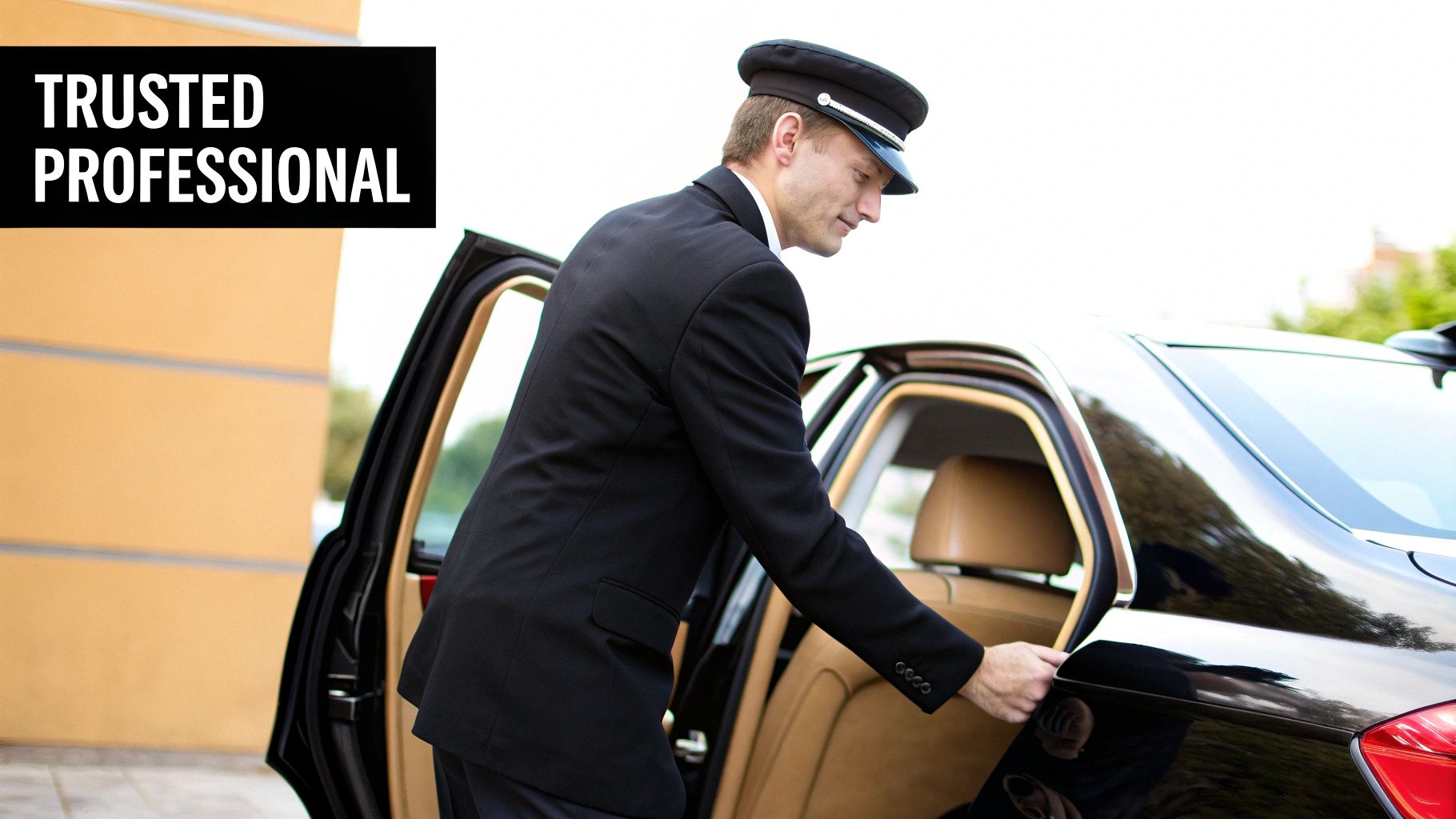A professional driver in uniform opens the rear door of a black luxury car.