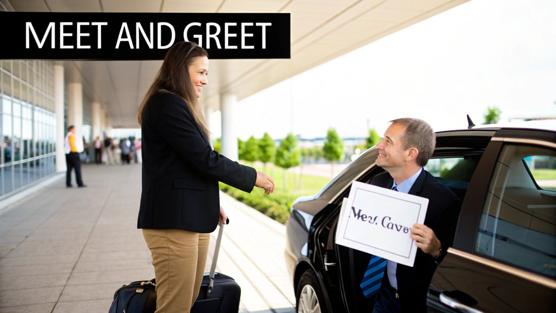 A professional woman with luggage meets a smiling chauffeur holding a pick-up sign at an airport.