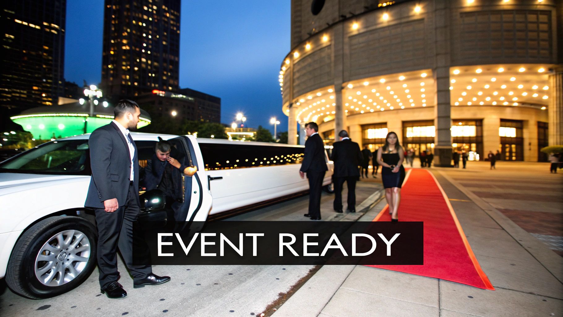 Bridal party smiling in front of a white stretch limousine in Chicago