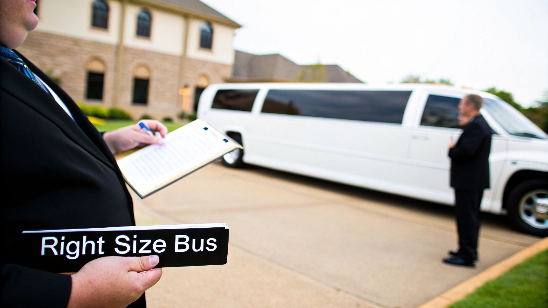 People reviewing rental options for a limo bus on a tablet